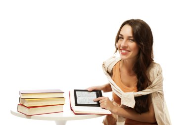 Happy young woman with books and ebook clipart