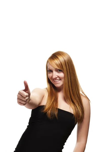 Unga rödhårig kvinna visar tummen — Stockfoto