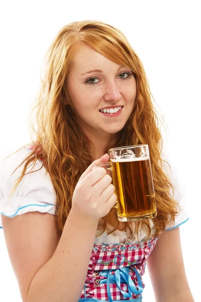 Menina bávara bonita com um copo de cerveja — Fotografia de Stock