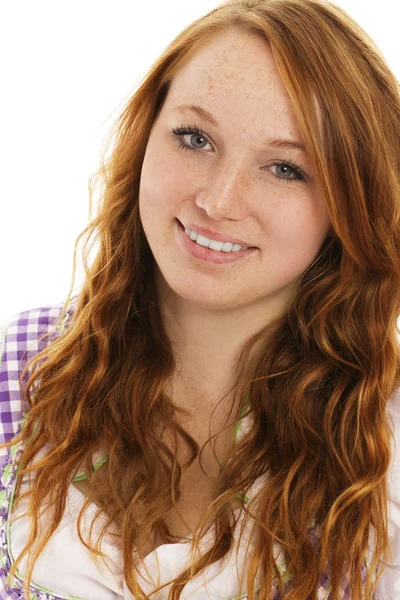Portrait of a smiling redhead woman in bavarian dress — Stock Photo, Image
