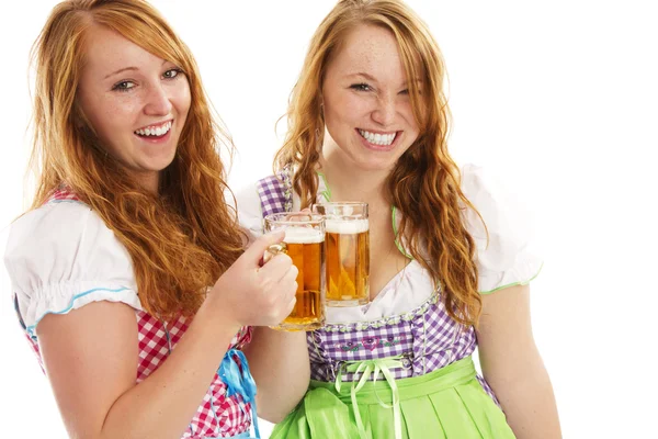 Two happy bavarian girls with beer — Stock Photo, Image