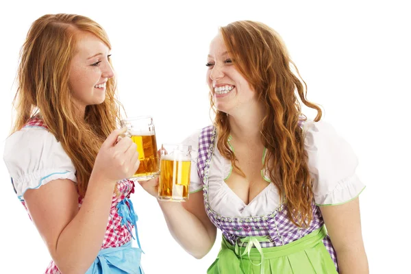 stock image Two bavarian girls with beer skoaling at each other