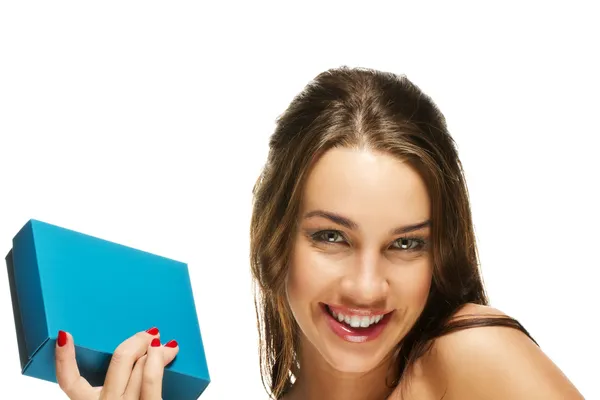 Happy young woman holding present box — Stock Photo, Image