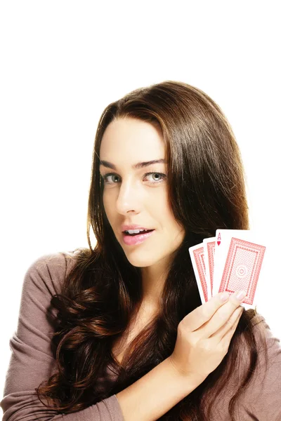 Belle femme avec des cartes de poker — Photo