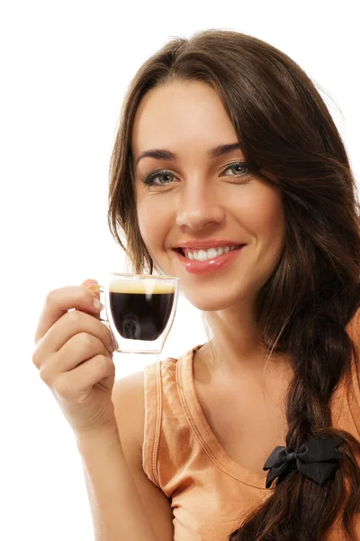 Happy smiling woman with a cup of espresso coffee — Stock Photo, Image