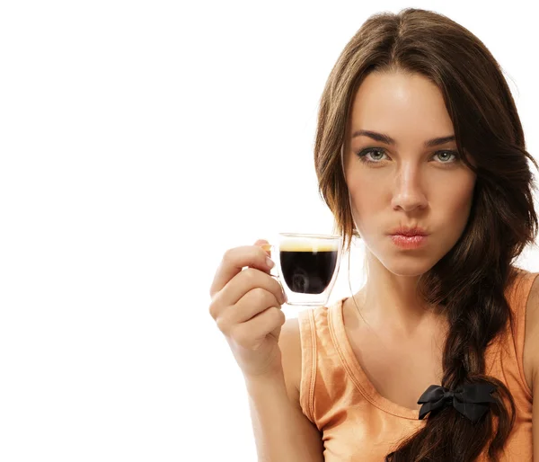 Upset young woman with cup of espresso coffee — Stock Photo, Image