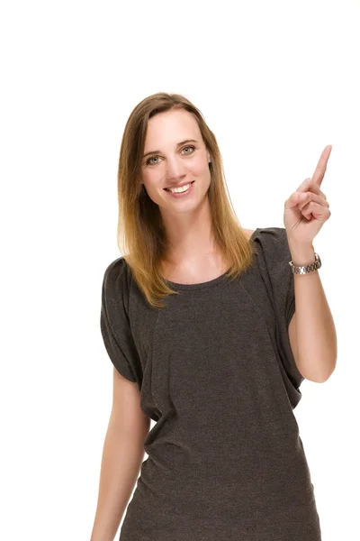 Selbstbewusste Frau zeigt mit dem Finger — Stockfoto