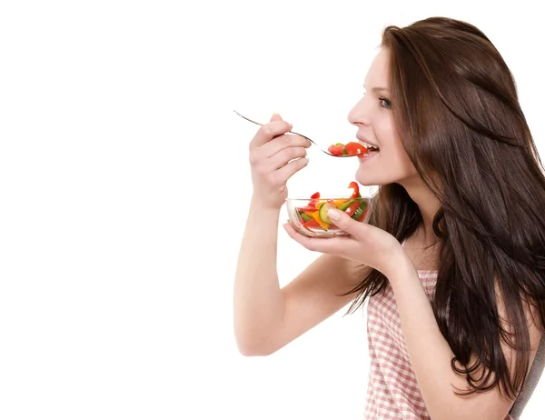 샐러드를 먹는 행복 한 여성 — 스톡 사진