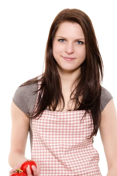 Portrait of a young woman holding tomatoes — Stock Photo, Image