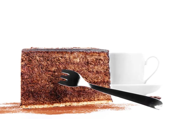 Gâteau au chocolat avec une fourchette et une tasse de café — Photo