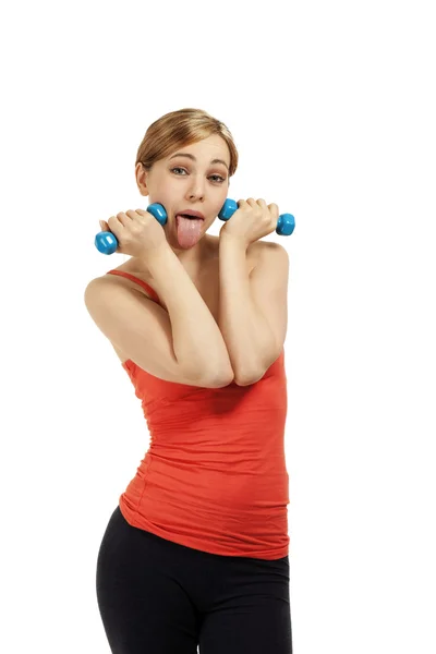 Funny fitness woman with dumbbells — Stock Photo, Image