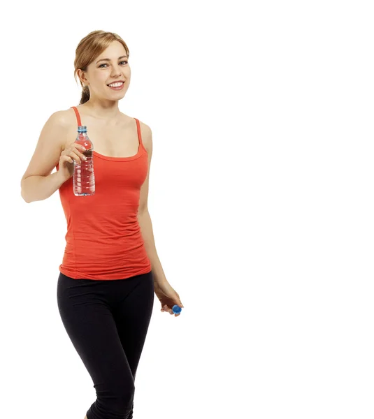 Šťastný fitness žena s lahví vody — Stock fotografie