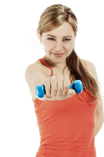 Young beautiful sports woman train with a dumbbell — Stock Photo, Image