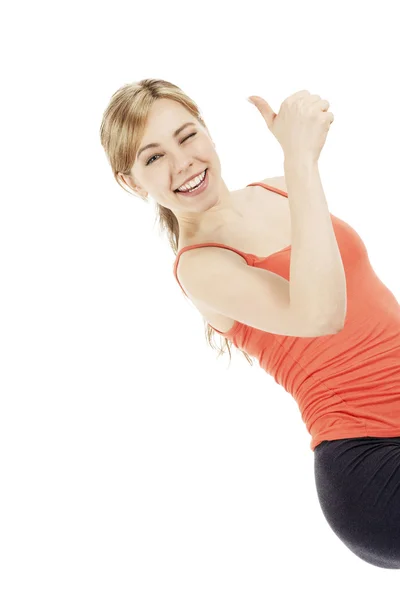 Very happy fitness woman showing thumb up — Stock Photo, Image