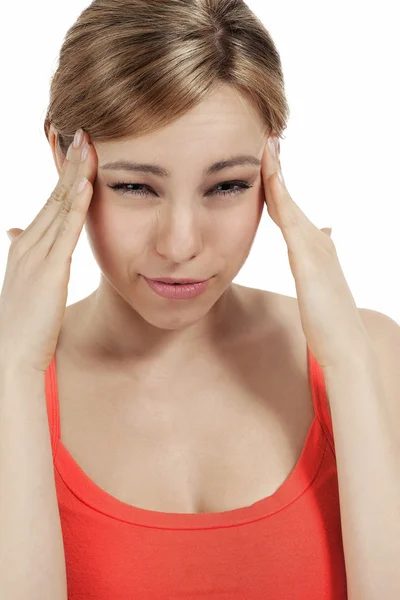 Unga blonda kvinnan lidande huvudvärk — Stockfoto