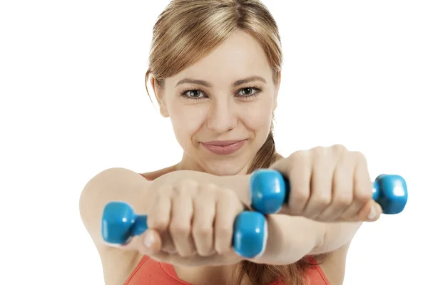 Cute fitness woman holding dumbbells — Stock Photo, Image