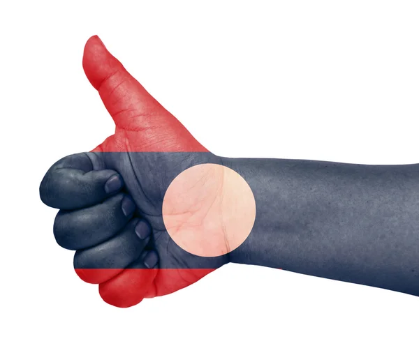 Прапор Лаосу на великий палець вгору жестом як значок — стокове фото