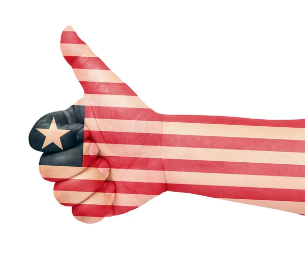 Liberias flagga på tummen upp gest som ikon — Stockfoto