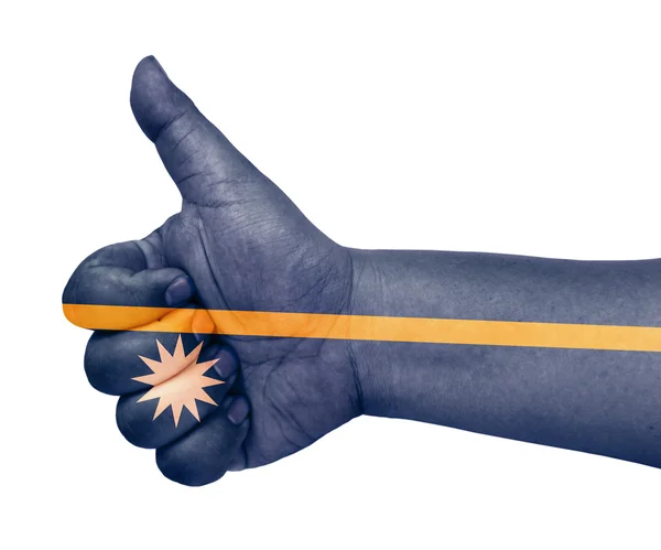 Ναουρού Νήσων σημαία για τον αντίχειρα επάνω χειρονομία σαν εικονίδιο — Φωτογραφία Αρχείου