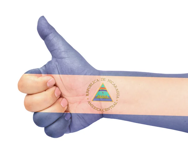 Nikaragua vlajka na palec nahoru gesto jako ikonuNicaraguas flagga på tummen upp gest som ikon — Stock fotografie