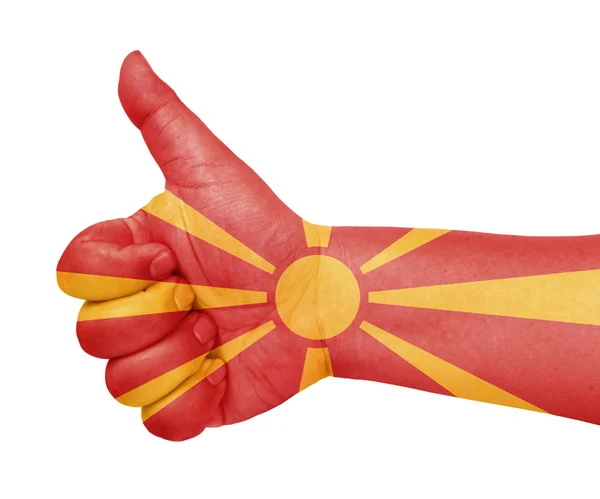 Bandera de Macedonia en el pulgar hacia arriba gesto como icono —  Fotos de Stock
