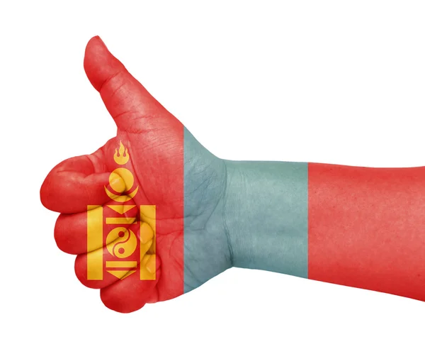 Mongolia flag on thumb up gesture like icon — Stock Photo, Image