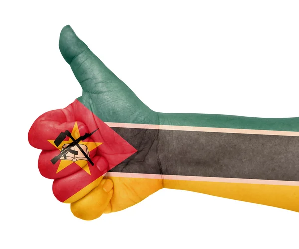 Прапор Мозамбіку на великий палець вгору жестом як значок — стокове фото