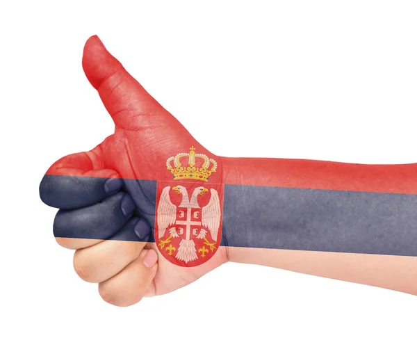 Serbia flag on thumb up gesture like icon — Stock Photo, Image