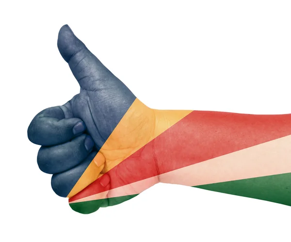 Bandera de Seychelles en el pulgar hacia arriba gesto como icono — Foto de Stock