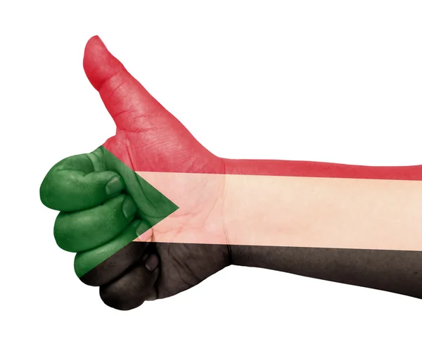Bandera de Sudán en el pulgar hacia arriba gesto como icono —  Fotos de Stock