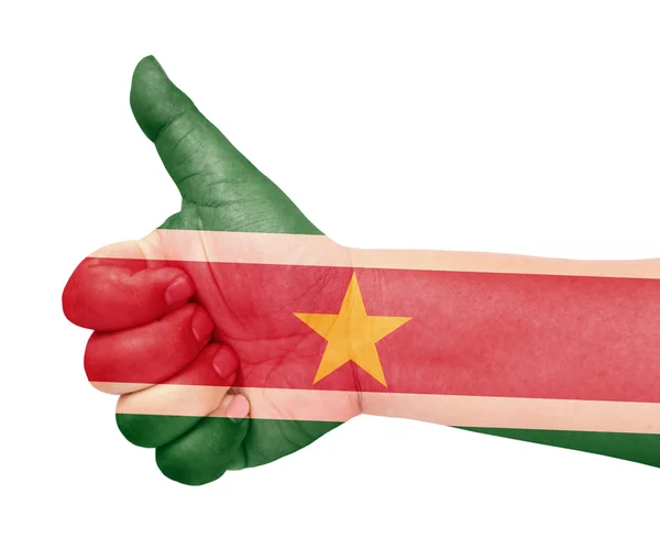 Bandera de Surinam en el pulgar hacia arriba gesto como icono — Foto de Stock