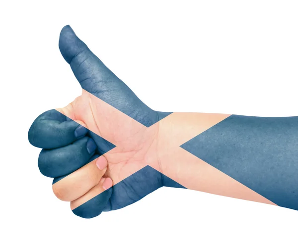 Σημαία της Σκωτίας, σχετικά με τον αντίχειρα επάνω χειρονομία σαν εικονίδιο — Φωτογραφία Αρχείου