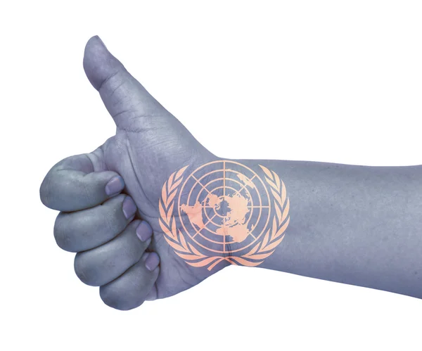 FN: s flagga på tummen upp gest som ikon — Stockfoto