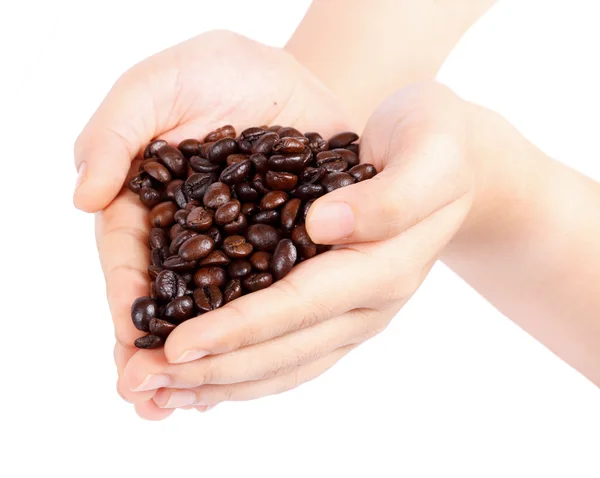 Mão segurando feijão de café arábica marrom isolado — Fotografia de Stock