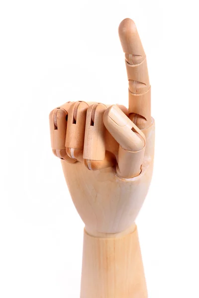 Деревянный манекен знак точки на руке изолированный белый фон — стоковое фото