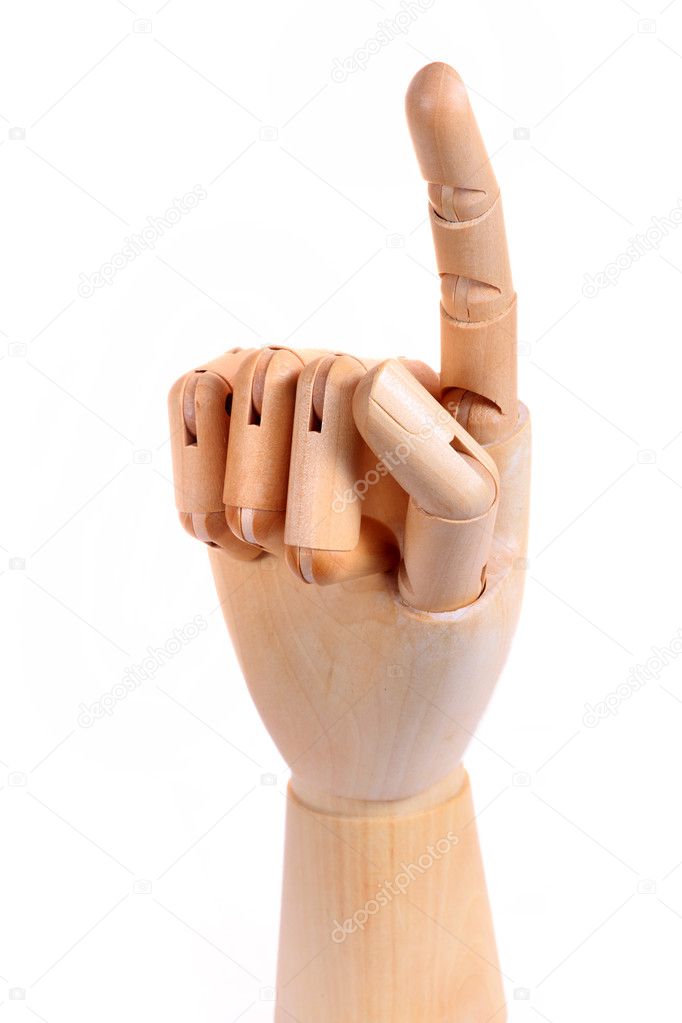 Wooden dummy hand point sign isolated white background Stock Photo by ...