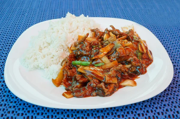 stock image Chinesse lunch with fried beef bamboo shoots and rice