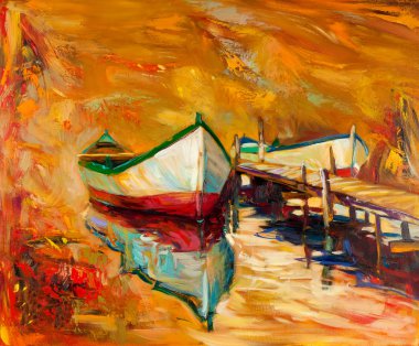 Картина, постер, плакат, фотообои "лодки и пирс картина пейзаж зимний", артикул 12388294