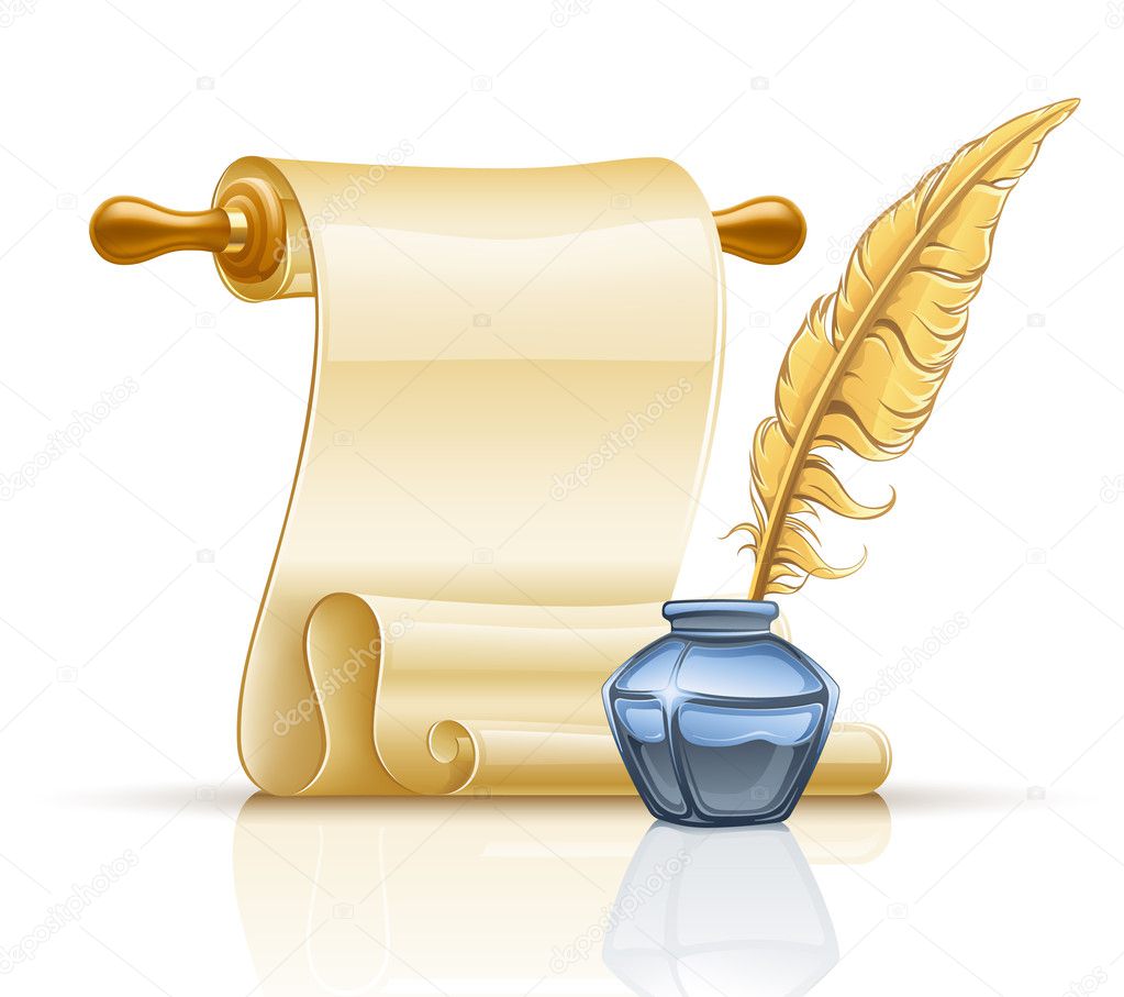 Paper scroll with feather pen and ink pot — Stock Vector © jossdiim ...