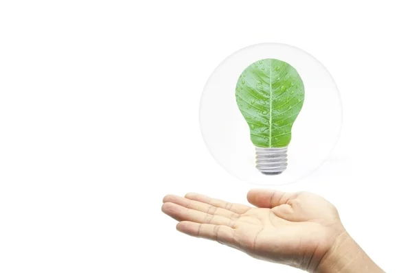 Conceito de energia verde mão com folha em bolhas — Fotografia de Stock