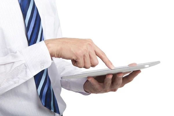 Geschäftsmann berührt Tablet-PC in der Hand — Stockfoto