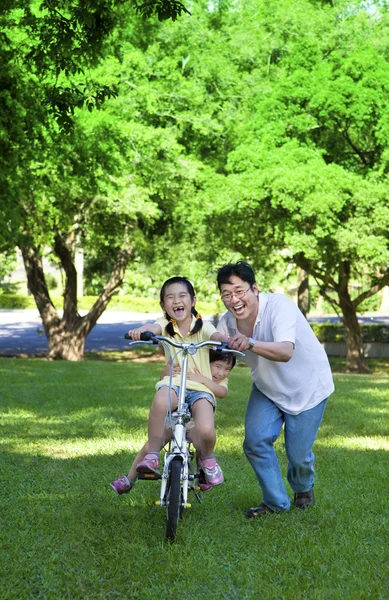 Bapa mengajarkan dua gadis kecil untuk naik sepeda. — Stok Foto