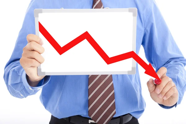 Affärsman ritning red ner graph på Whiteboard-tavlan — Stockfoto