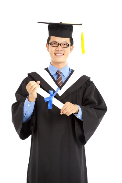 Happy graduating asian student isolated on white — Stock Photo, Image