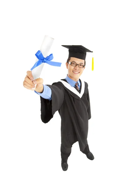 Graduating asian student holding diploma certificate — Stock Photo, Image