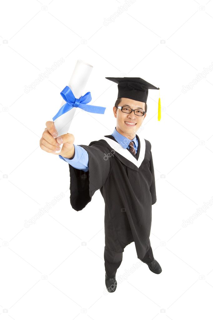 Graduating asian student holding diploma certificate