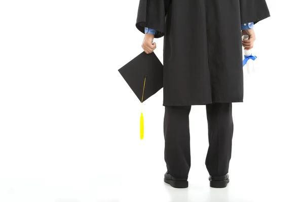 Ukończeniu uczeń posiadający dyplom i czapka — Zdjęcie stockowe