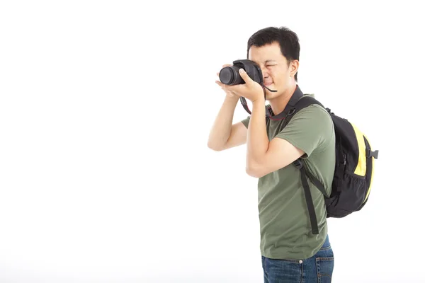 Viajero joven con cámara fotográfica — Foto de Stock