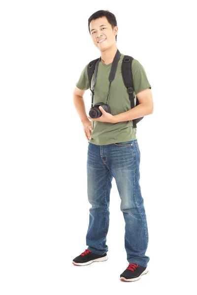 Comprimento total de asiático jovem homem com câmera — Fotografia de Stock