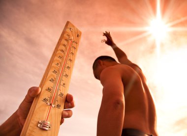 Man throwing water for cooling temperature and hand holding thermometer under heat weather clipart